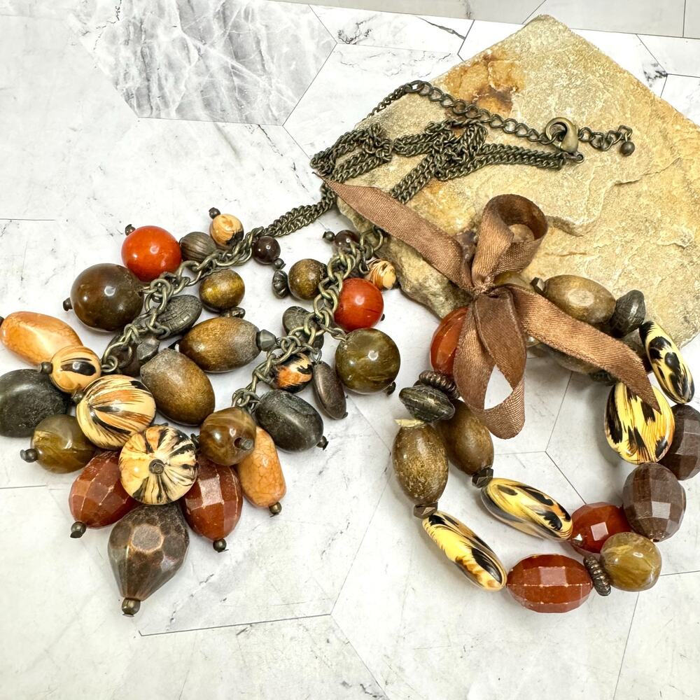 Chunky Fall Bib Statement Necklace & Bracelet Resin Wood Beaded Ribbon Autumn